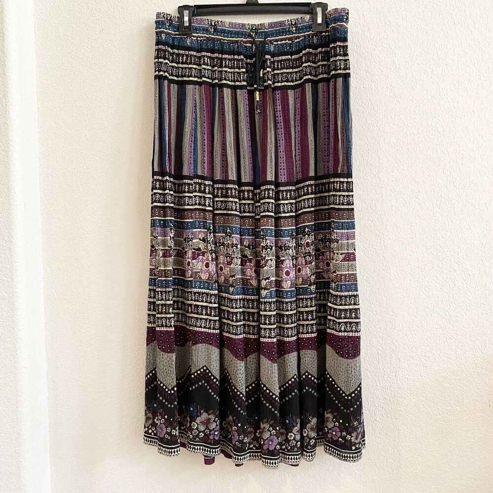 Sag Harbor Purple Black Multicolor Medium Drawstring Waist Broomstick Skirt XL